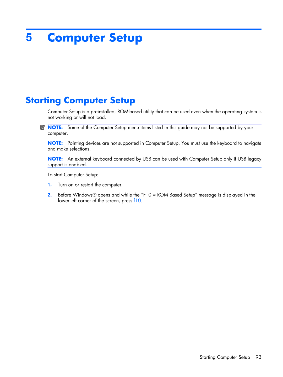 HP Mobile 8510w manual Starting Computer Setup 