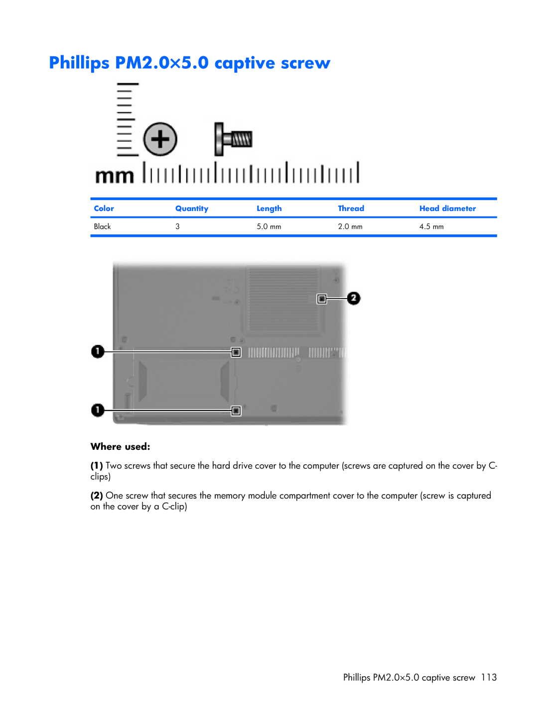 HP Mobile 8510w manual Phillips PM2.0×5.0 captive screw, Color Quantity Length Thread Head diameter Black 