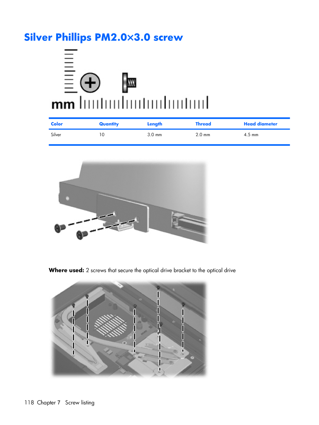 HP Mobile 8510w manual Silver Phillips PM2.0×3.0 screw, Color Quantity Length Thread Head diameter Silver 