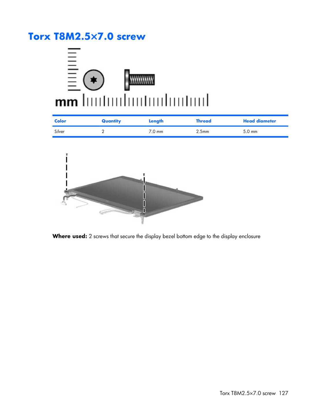 HP Mobile 8510w manual Torx T8M2.5×7.0 screw, Color Quantity Length Thread Head diameter Silver 5mm 