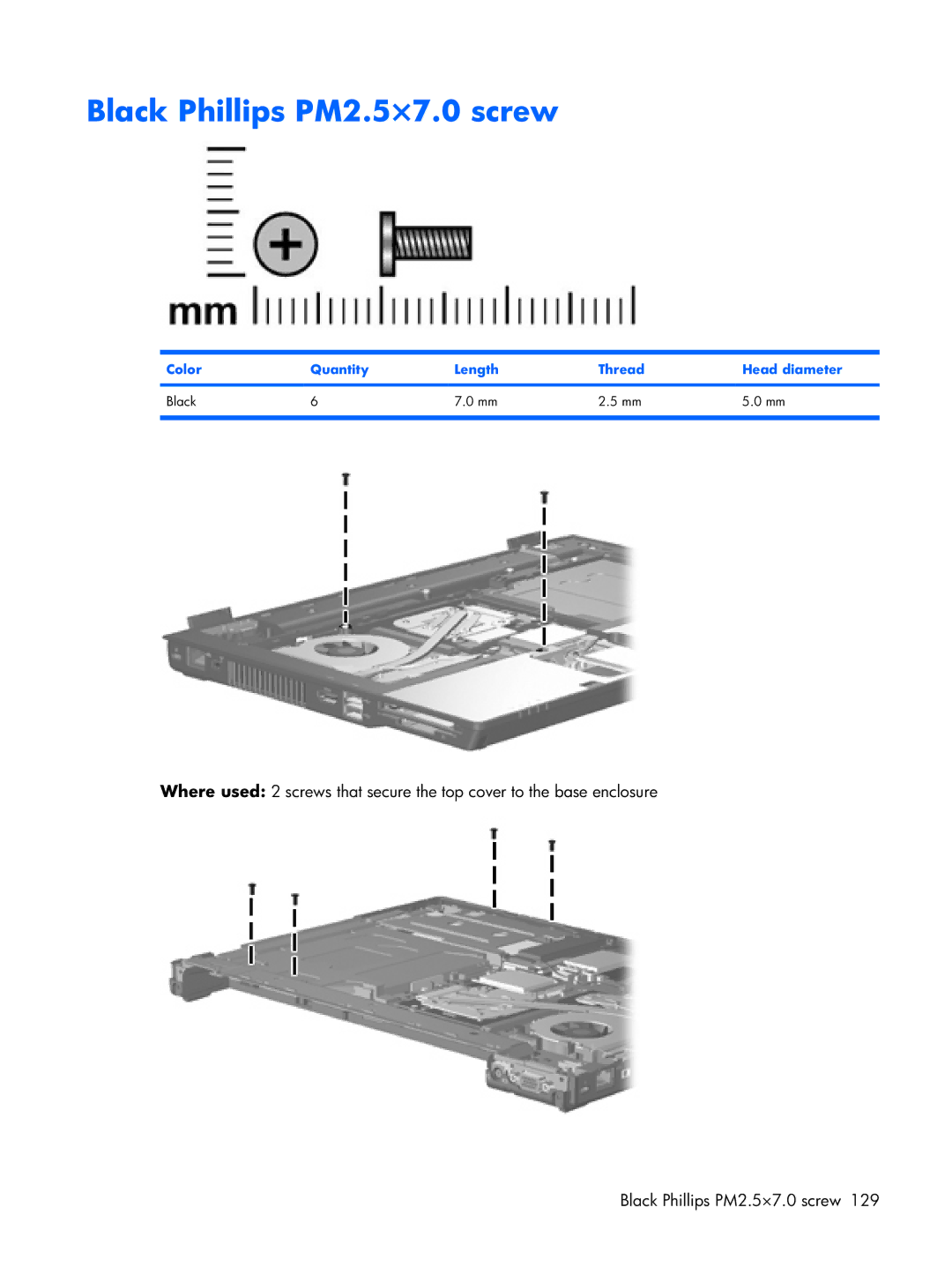 HP Mobile 8510w manual Black Phillips PM2.5×7.0 screw, Color Quantity Length Thread Head diameter Black 