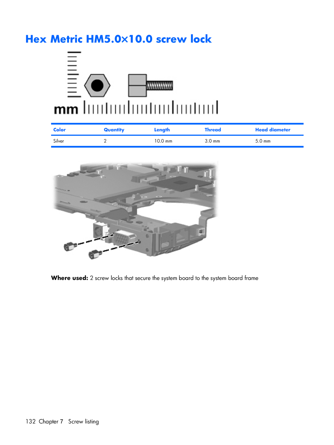 HP Mobile 8510w manual Hex Metric HM5.0×10.0 screw lock, Color Quantity Length Thread Head diameter Silver 10.0 mm 