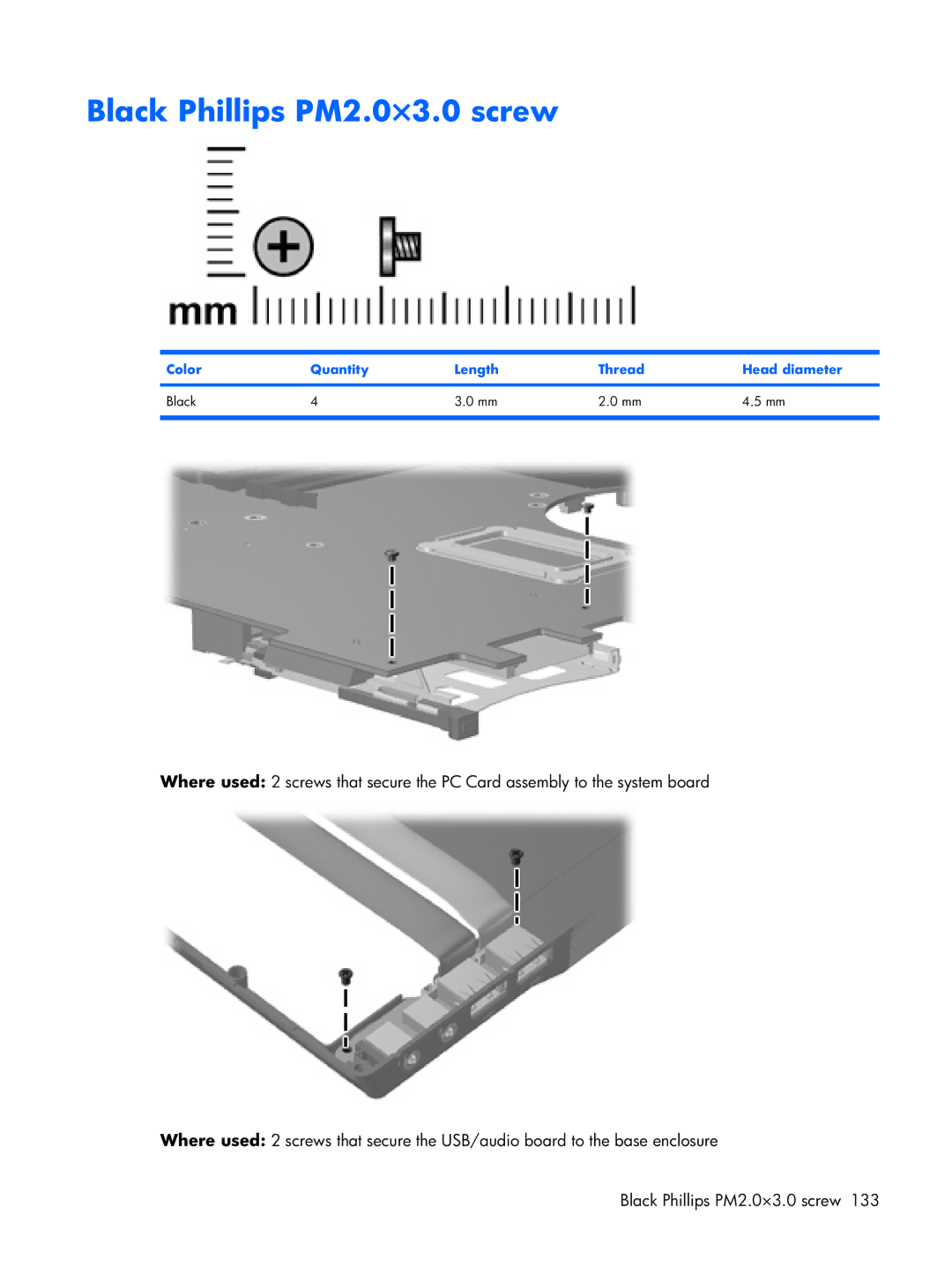HP Mobile 8510w manual Black Phillips PM2.0×3.0 screw, Color Quantity Length Thread Head diameter Black 