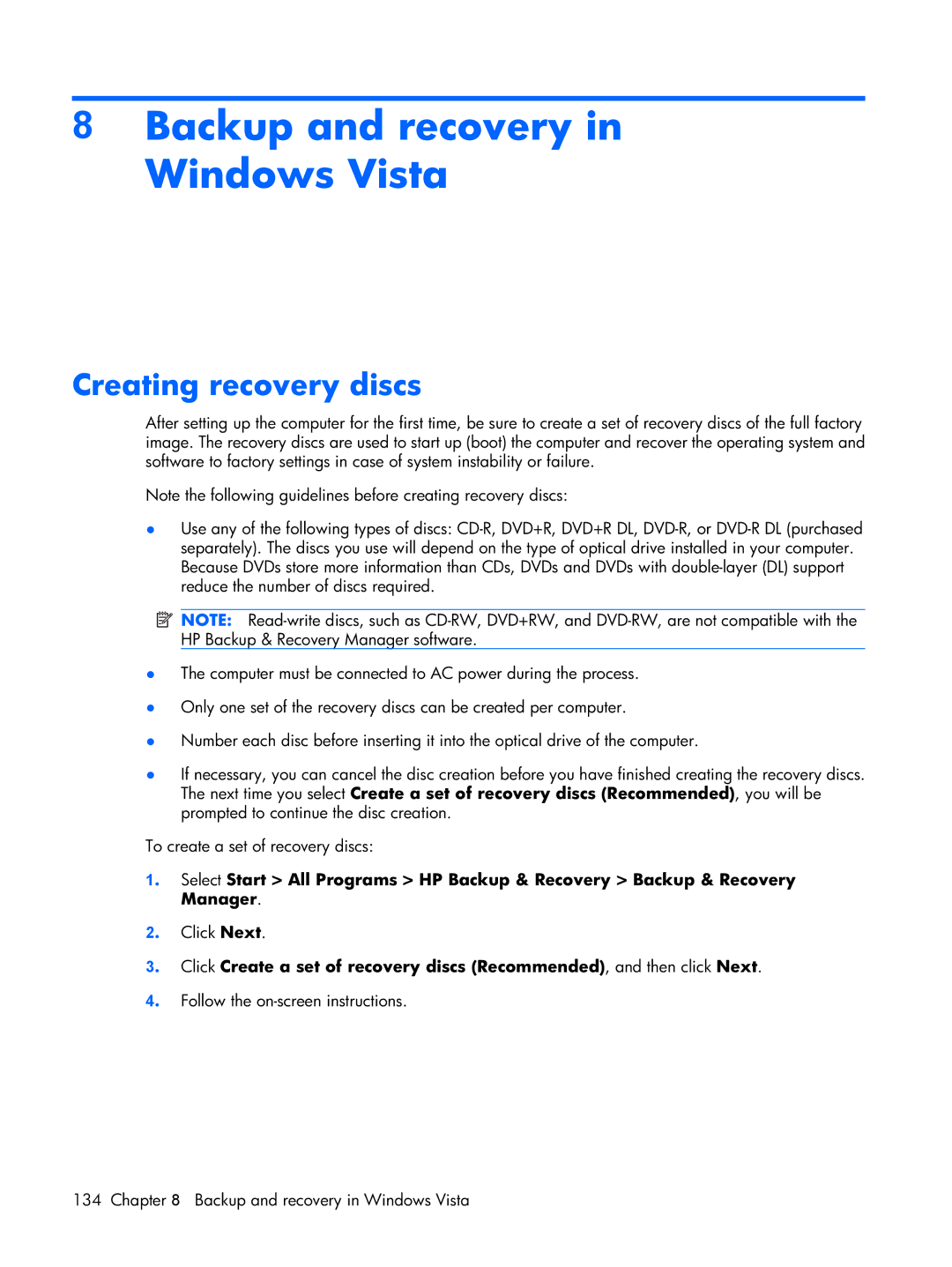 HP Mobile 8510w manual Backup and recovery in Windows Vista, Creating recovery discs 