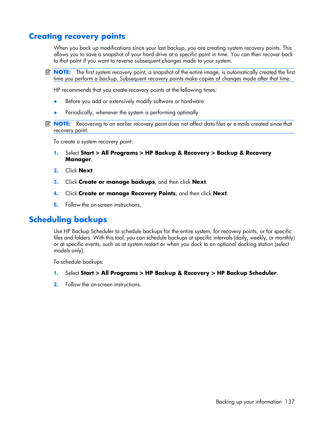 HP Mobile 8510w manual Creating recovery points, Scheduling backups 