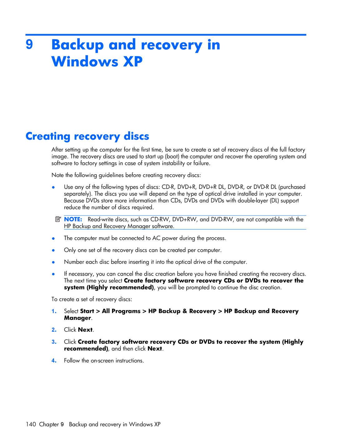 HP Mobile 8510w manual Backup and recovery in Windows XP, Creating recovery discs 