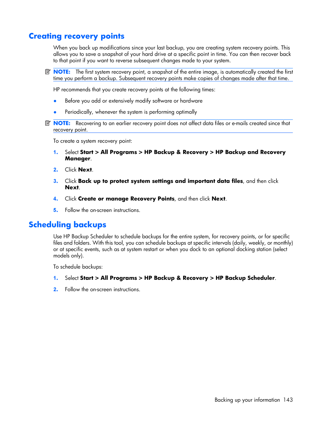 HP Mobile 8510w manual Creating recovery points 