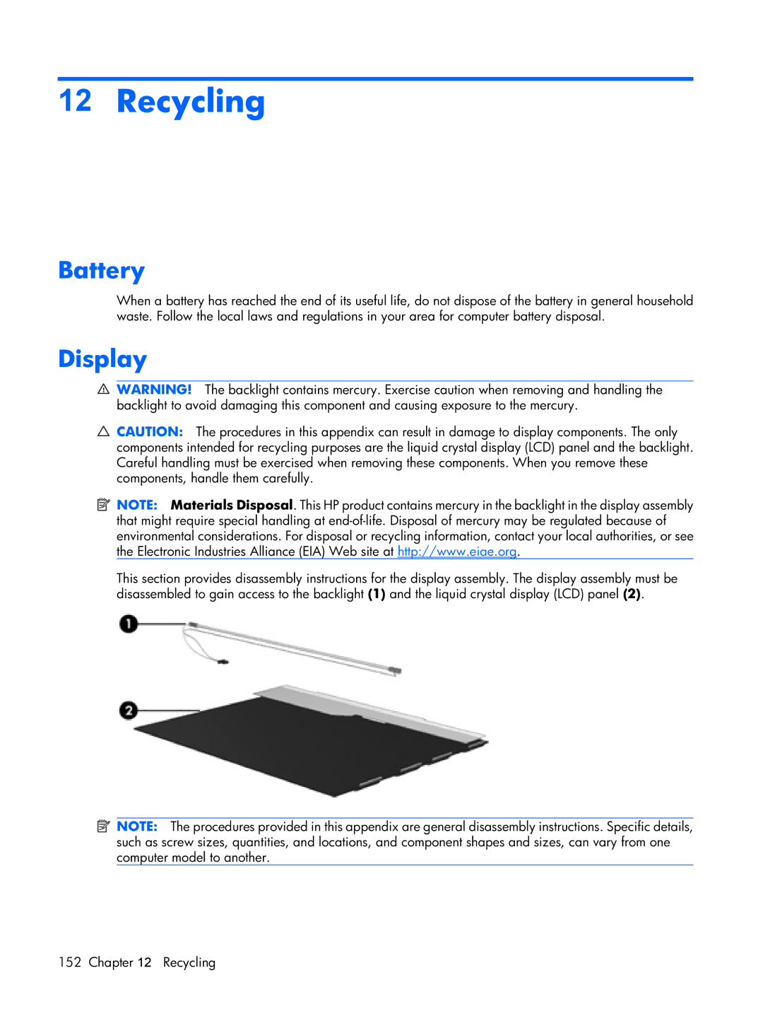 HP Mobile 8510w manual Recycling, Battery, Display 