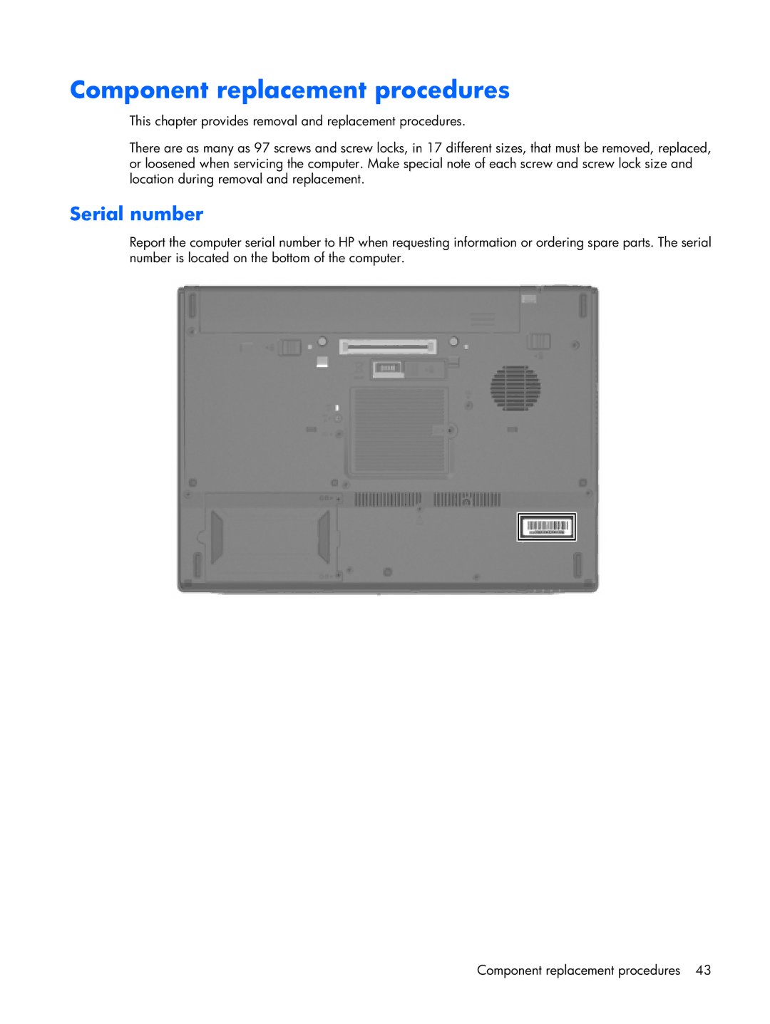 HP Mobile 8510w manual Component replacement procedures, Serial number 