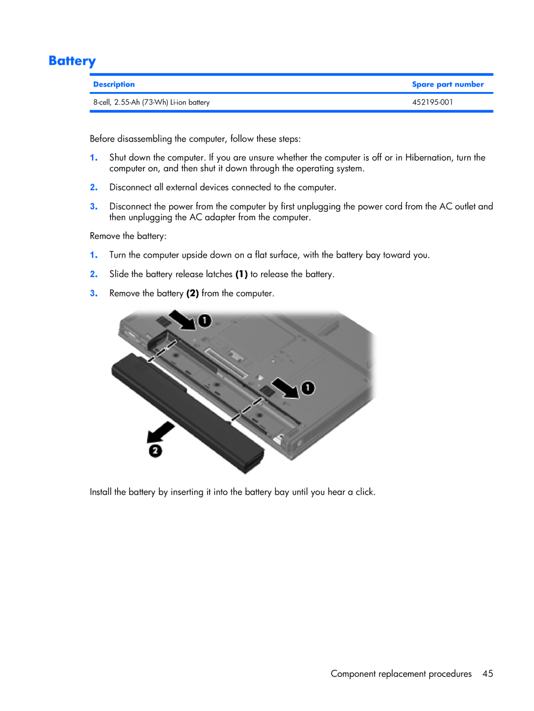 HP Mobile 8510w manual Battery, Description Spare part number 