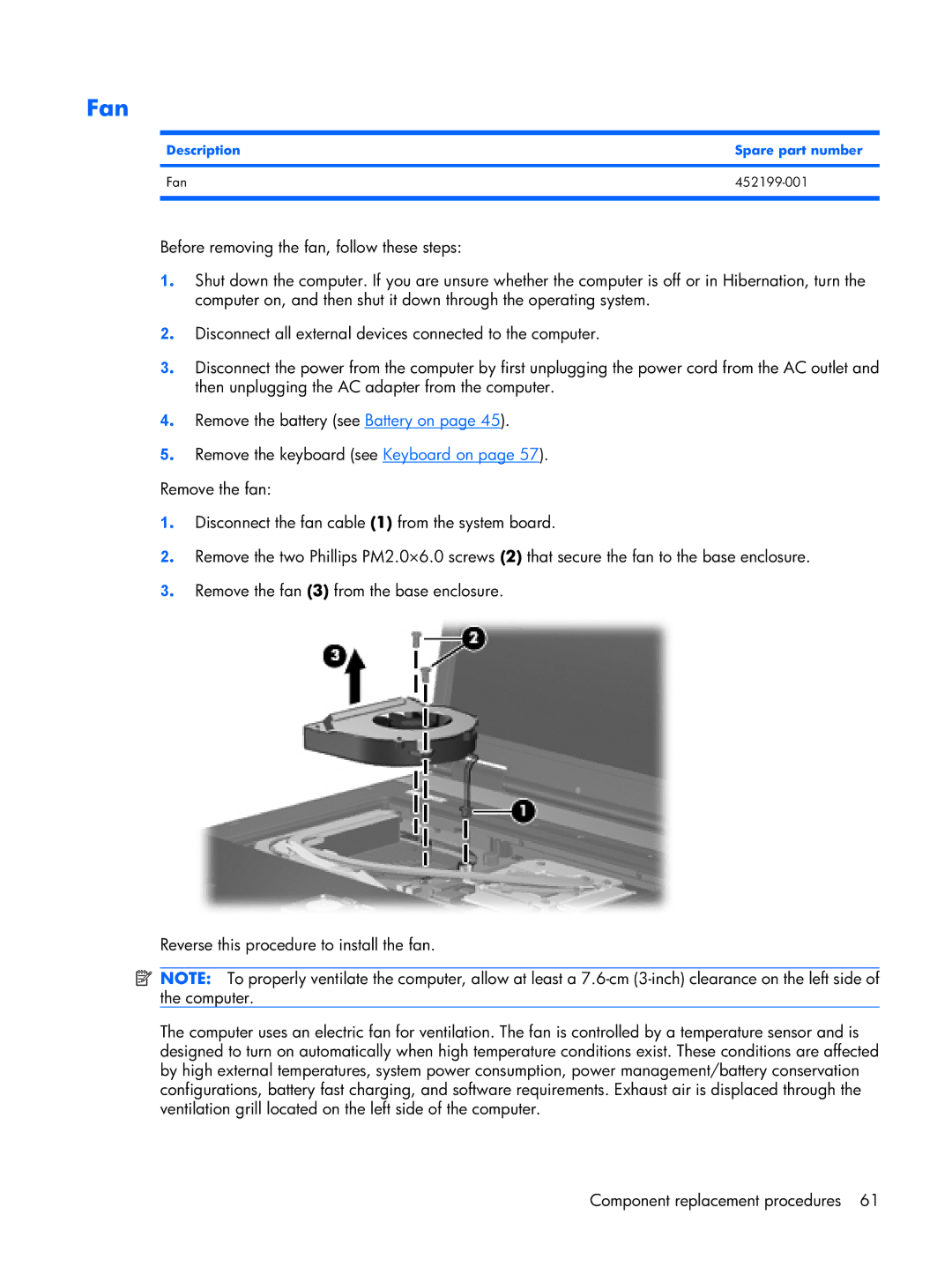 HP Mobile 8510w manual Description Spare part number Fan 452199-001 