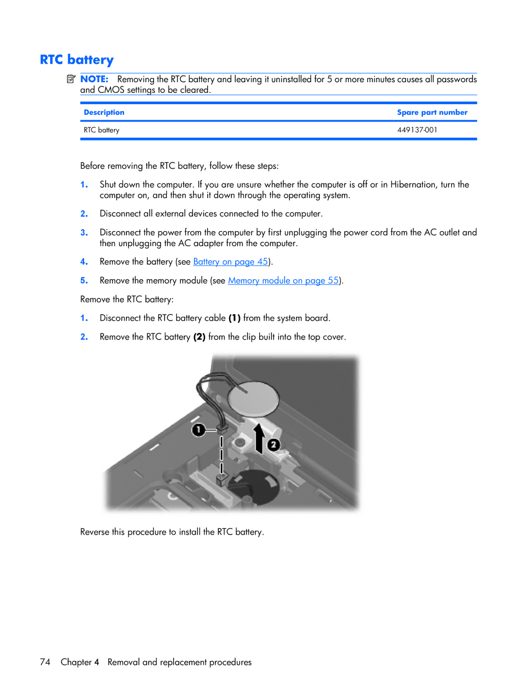 HP Mobile 8510w manual Description Spare part number RTC battery 449137-001 