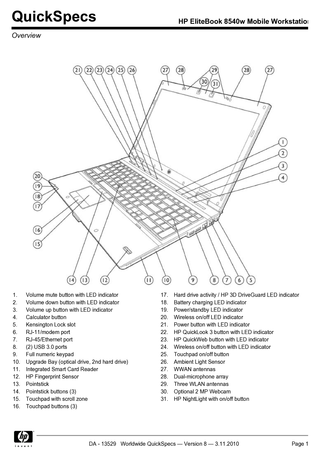 HP Mobile 8540w manual QuickSpecs, Overview 