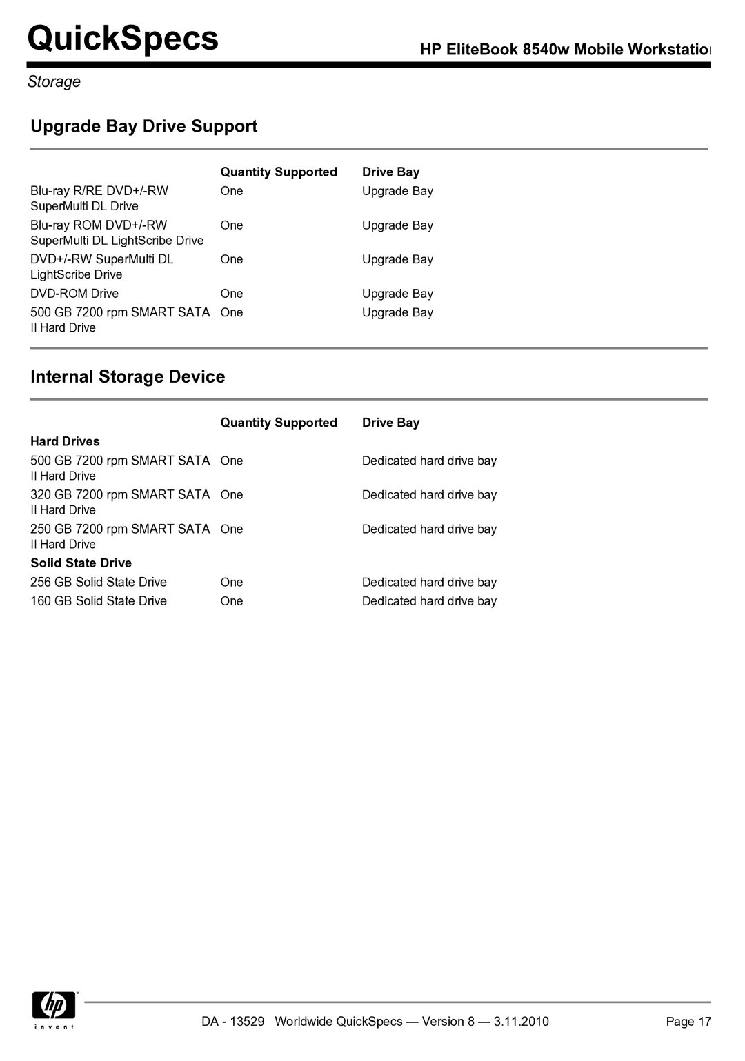 HP Mobile 8540w manual Storage, Quantity Supported Drive Bay Hard Drives, Solid State Drive 