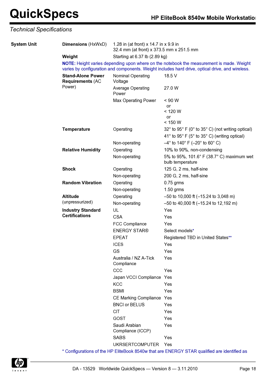 HP Mobile 8540w manual Technical Specifications 