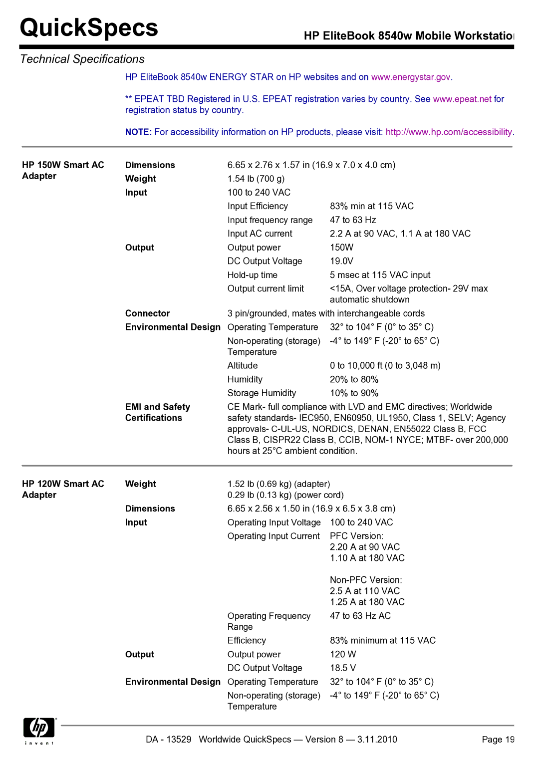 HP Mobile 8540w manual HP 150W Smart AC Dimensions, Adapter Weight, Input, Output, Connector, Environmental Design 