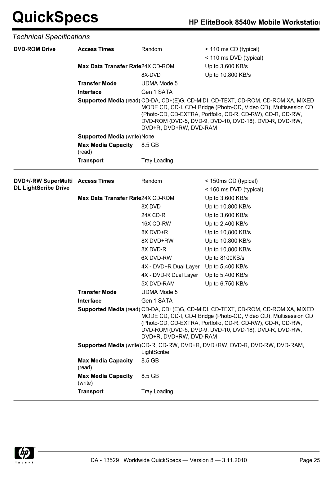 HP Mobile 8540w manual DVD-ROM Drive Access Times, Max Data Transfer Rate 24X CD-ROM, Transfer Mode, Transport 