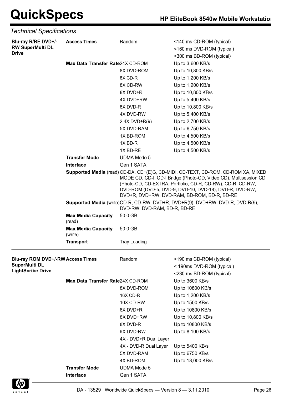 HP Mobile 8540w manual Blu-ray R/RE DVD+/- Access Times, RW SuperMulti DL, Drive, Blu-ray ROM DVD+/-RW Access Times 