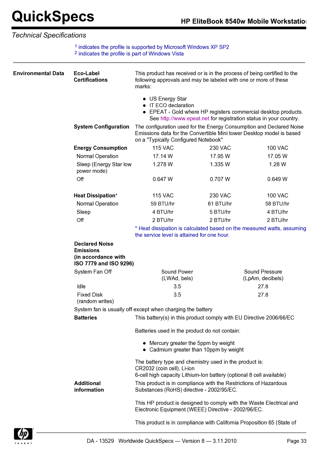 HP Mobile 8540w Environmental Data Eco-Label, Energy Consumption, Heat Dissipation, Batteries, Additional, Information 