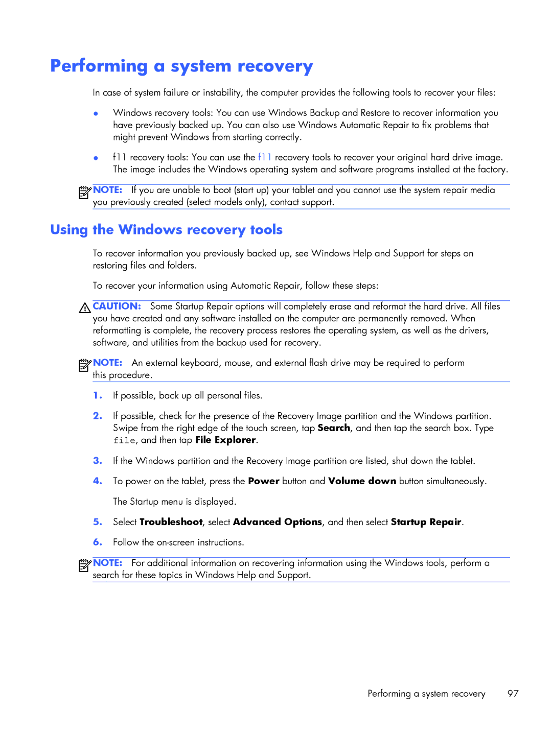 HP Mobile POS G1 Solution, Mobile POS G2 Solution manual Performing a system recovery, Using the Windows recovery tools 