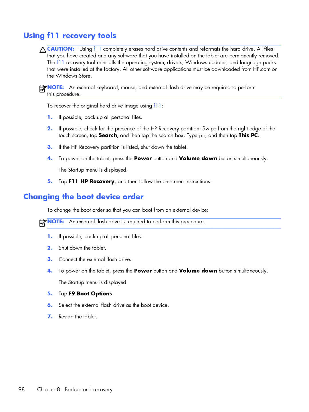 HP Mobile POS G2 Solution, Mobile POS G1 Solution manual Using f11 recovery tools, Changing the boot device order 