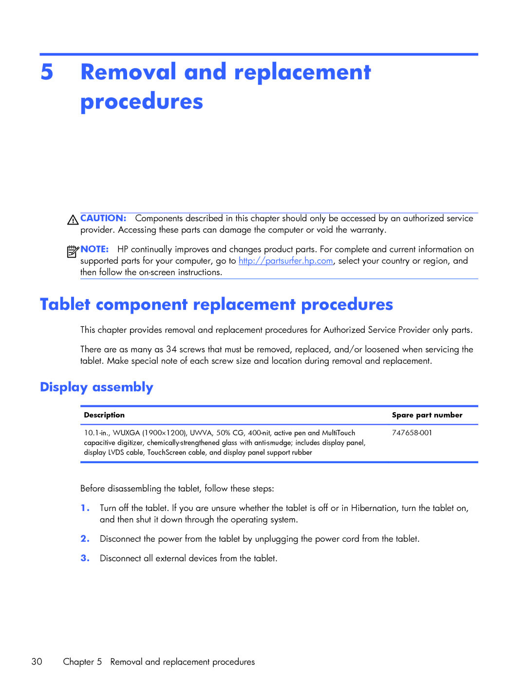 HP Mobile POS G2 Solution Removal and replacement procedures, Tablet component replacement procedures, Display assembly 