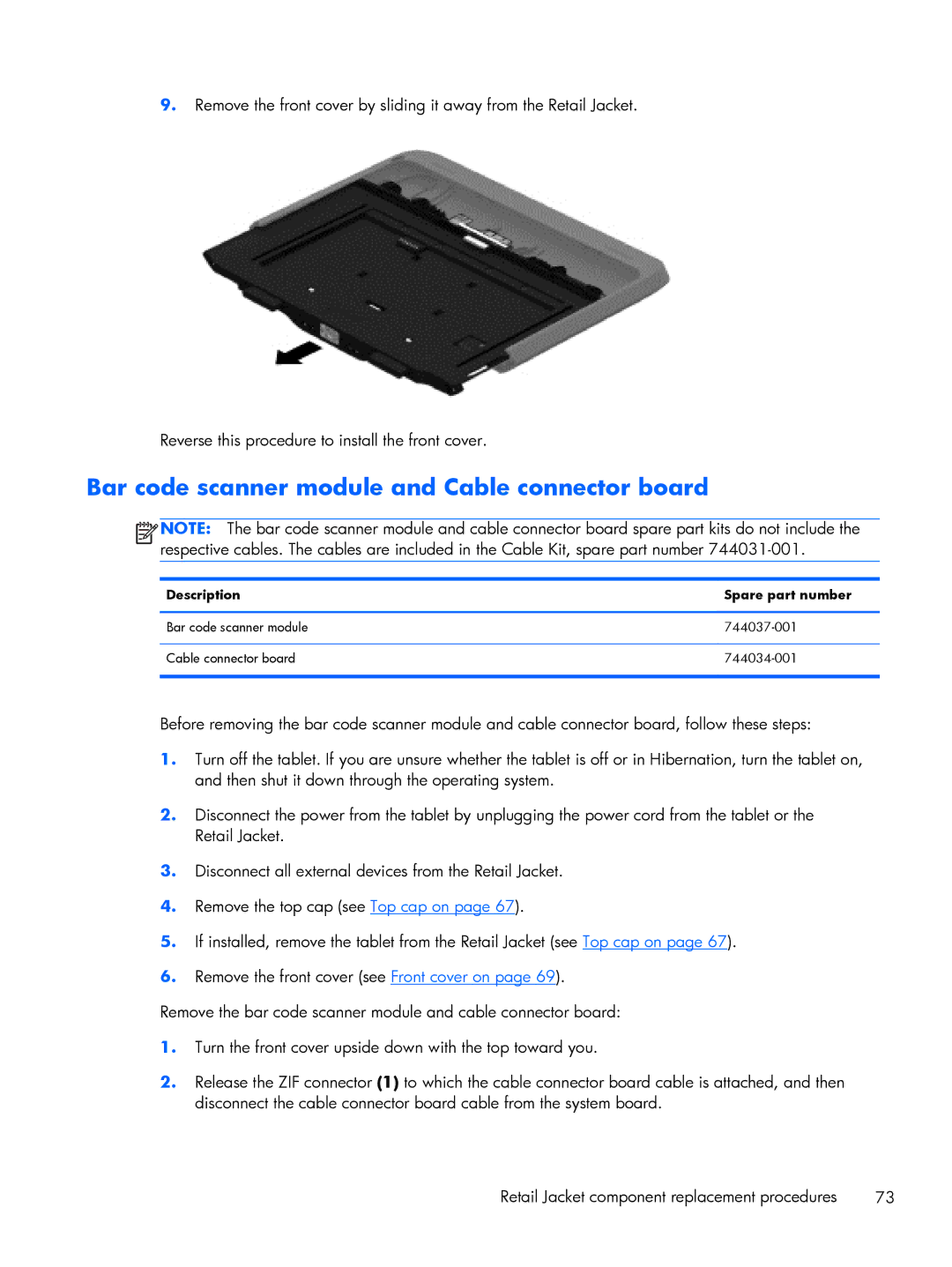 HP Mobile POS G1 Solution manual Bar code scanner module and Cable connector board, Description Spare part number 