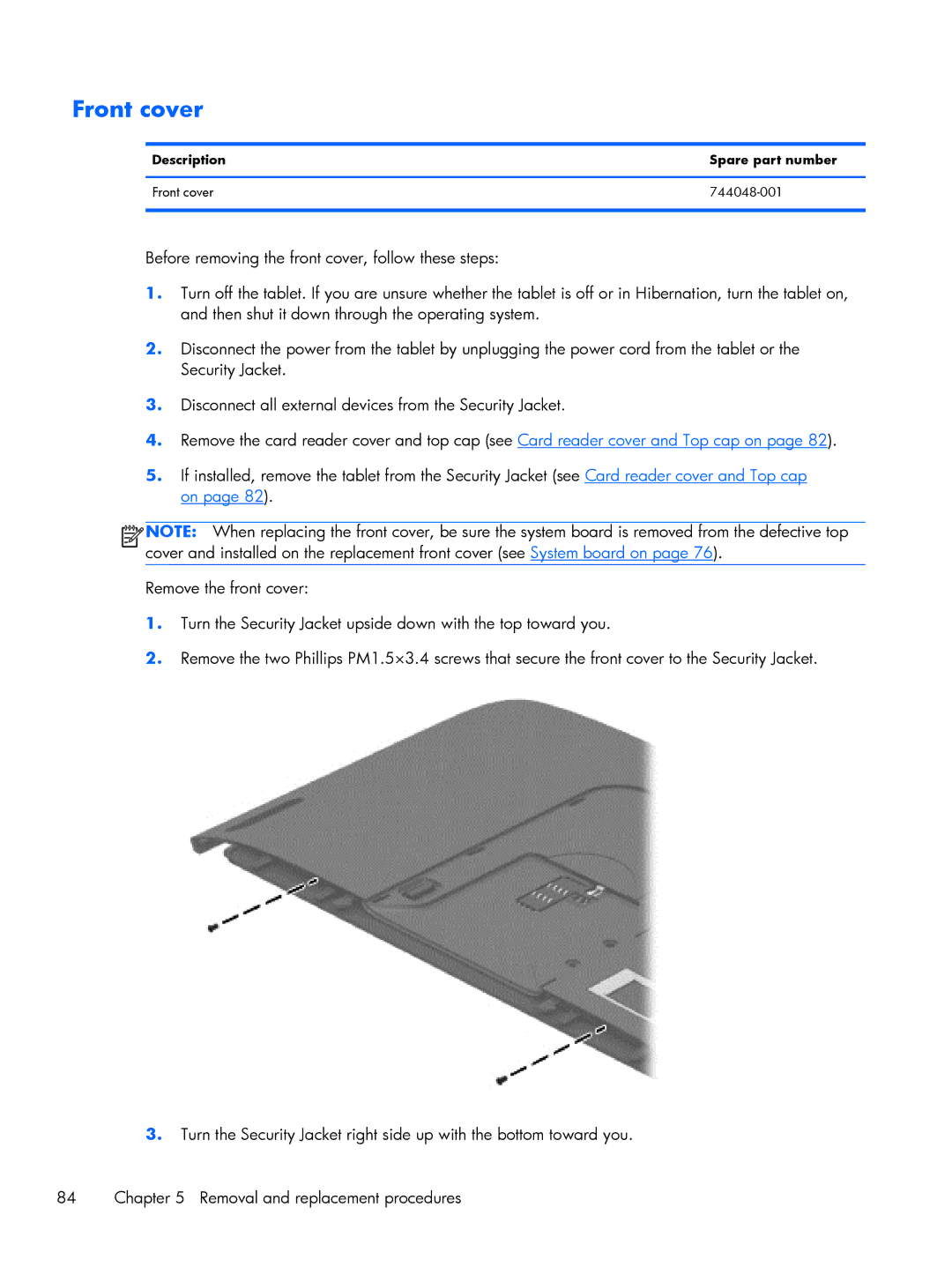 HP Mobile POS G2 Solution, Mobile POS G1 Solution manual Description Spare part number Front cover 744048-001 