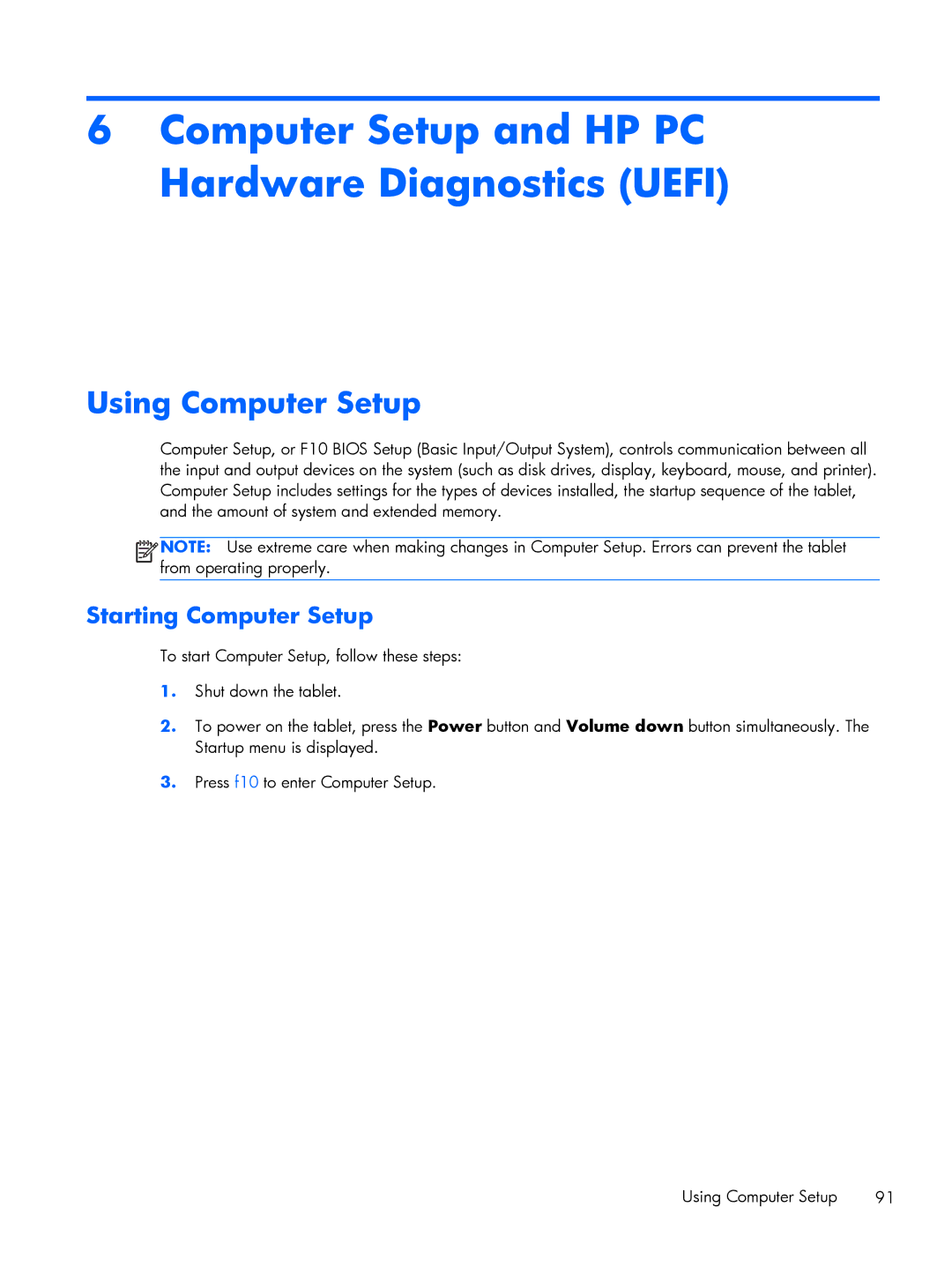 HP Mobile POS G1 Solution, Mobile POS G2 Solution Computer Setup and HP PC Hardware Diagnostics Uefi, Using Computer Setup 