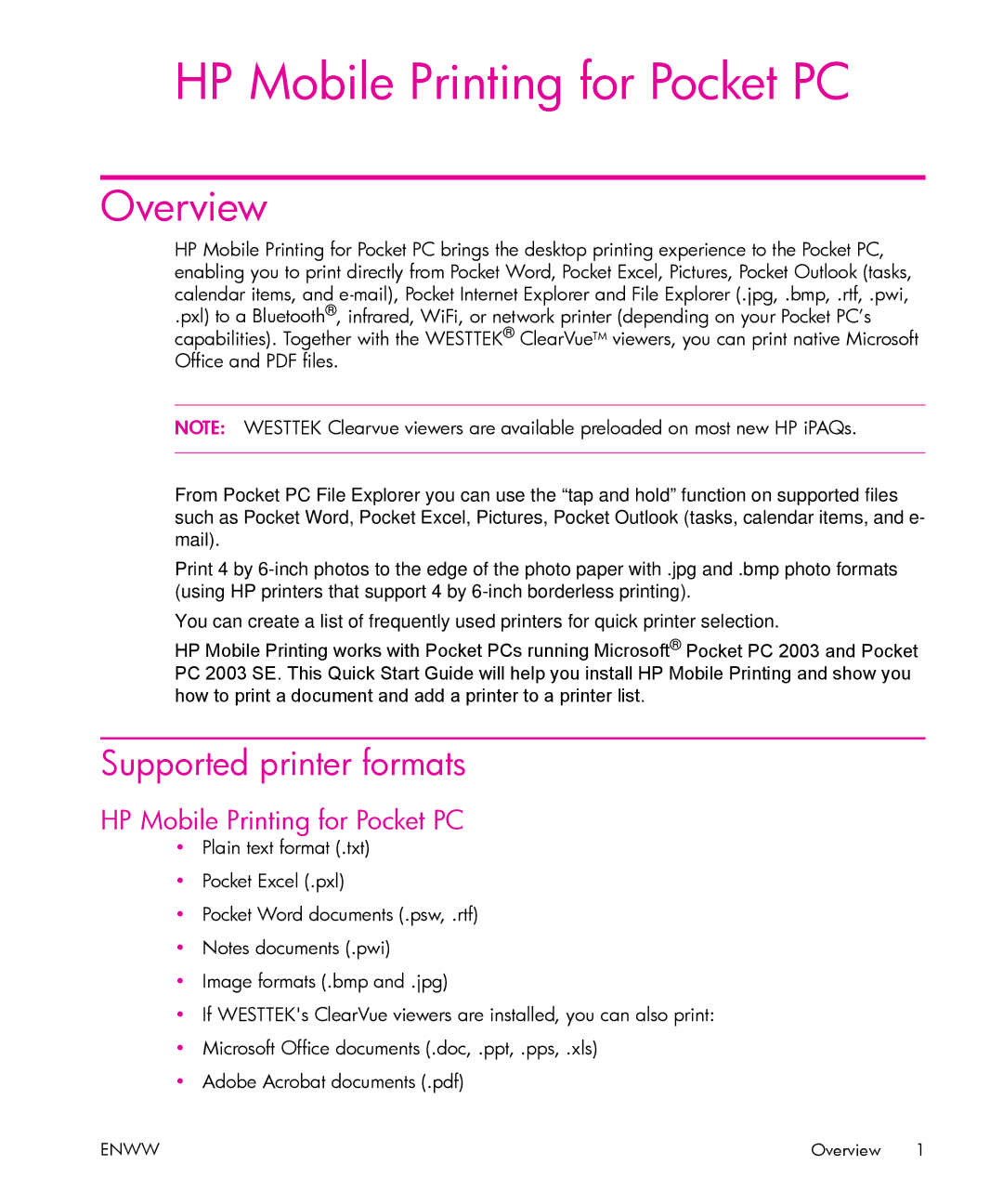 HP Mobile Printing for Windows Mobile manual Overview, Supported printer formats, HP Mobile Printing for Pocket PC 