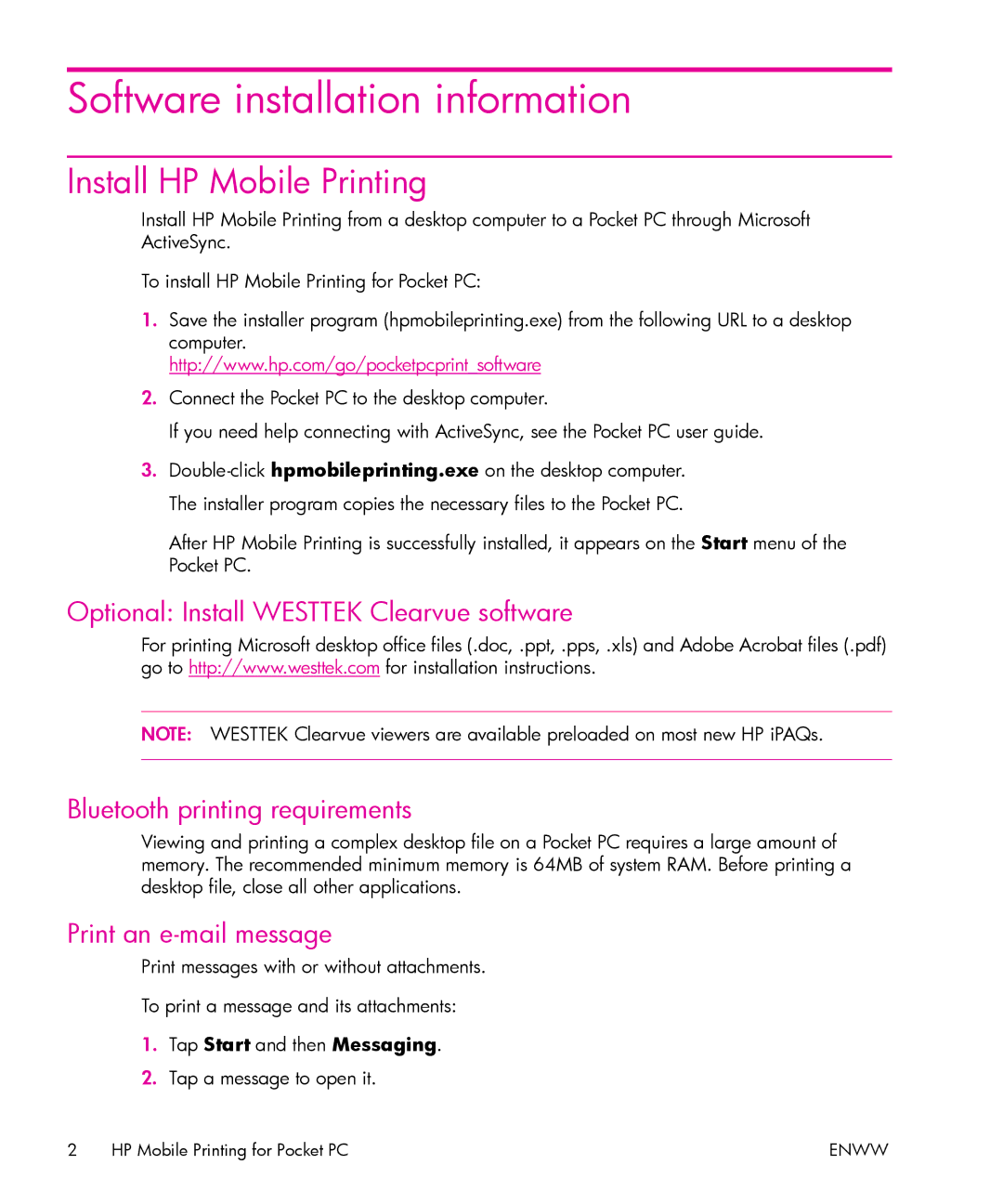 HP Mobile Printing for Windows Mobile manual Software installation information, Install HP Mobile Printing 