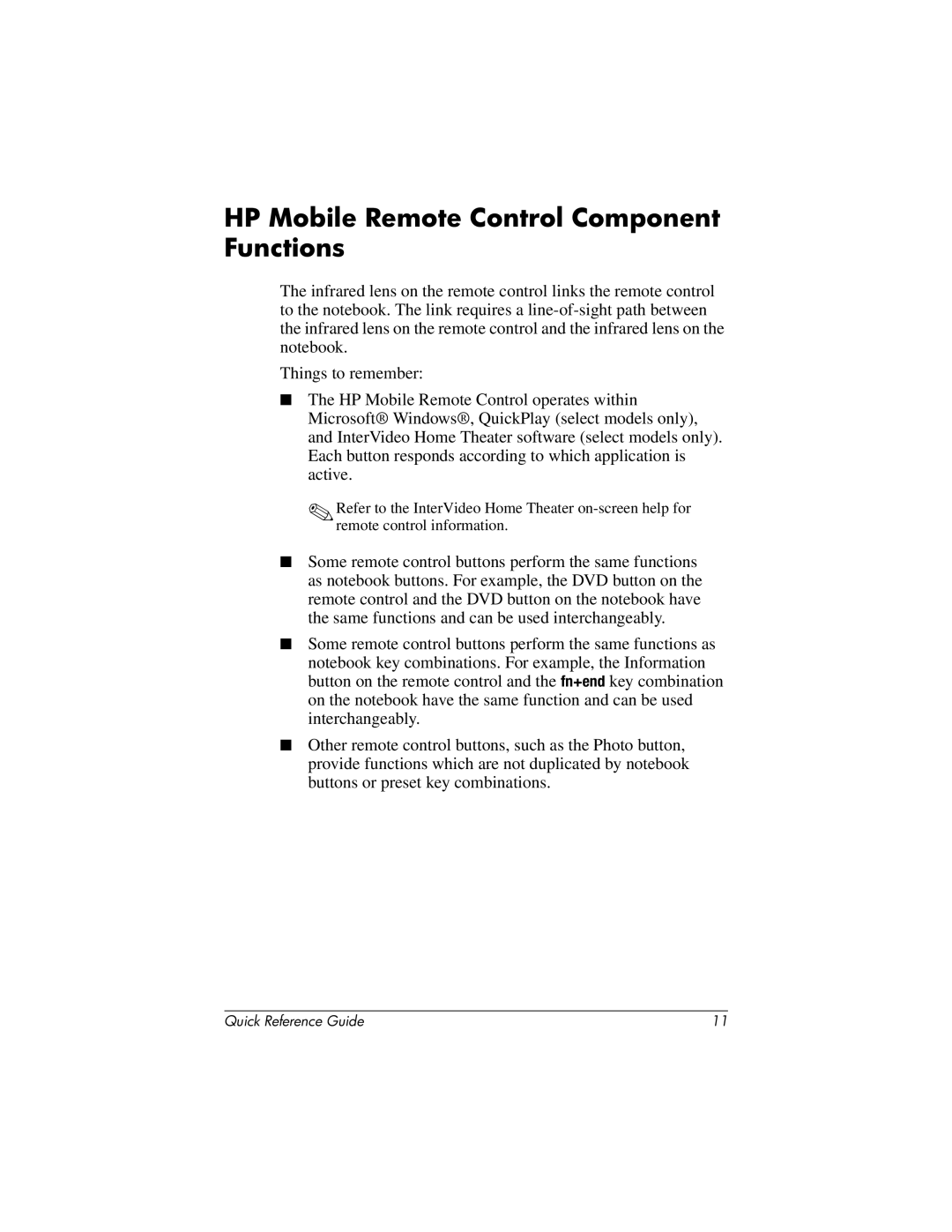 HP Mobile Remote Control 367174-001 manual HP Mobile Remote Control Component Functions 