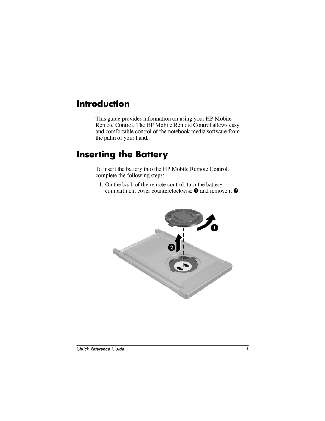 HP Mobile Remote Control 367174-001 manual Introduction, Inserting the Battery 