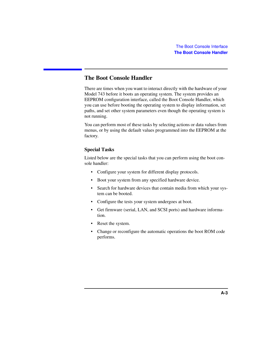 HP Model 743 manual Boot Console Handler, Special Tasks 