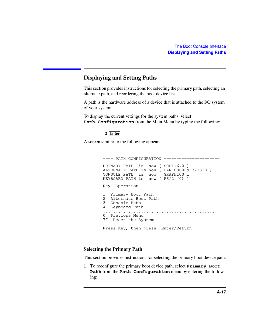 HP Model 743 manual Displaying and Setting Paths, Selecting the Primary Path, Screen similar to the following appears 