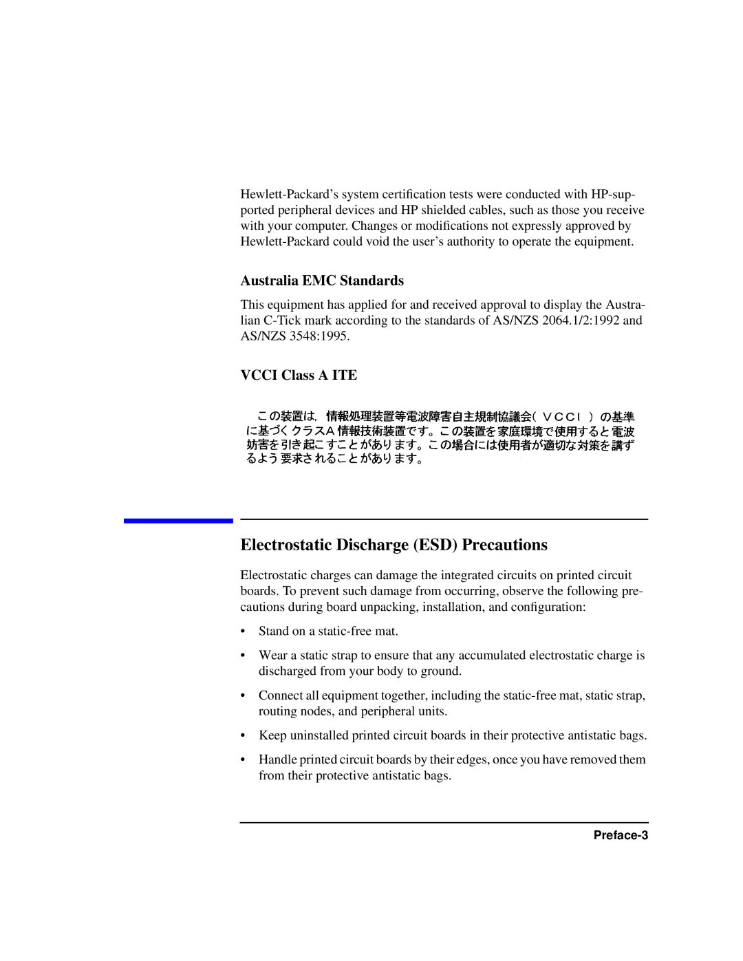 HP Model 743 manual Electrostatic Discharge ESD Precautions, Australia EMC Standards, Vcci Class a ITE 