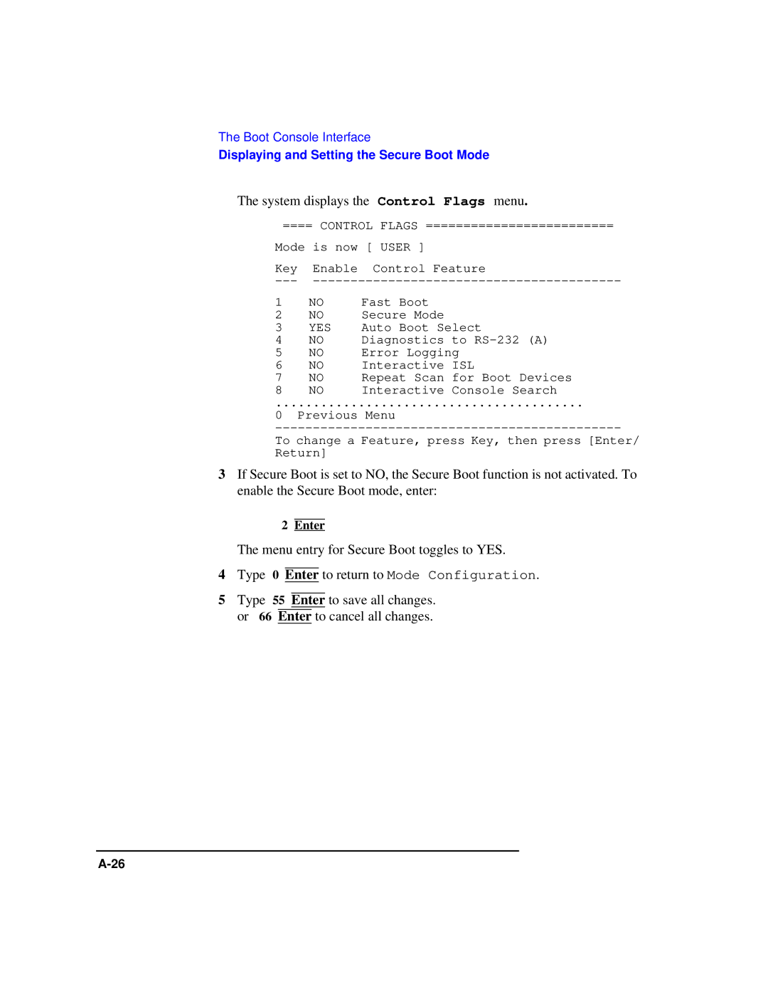 HP Model 743 manual System displays the Control Flags menu 