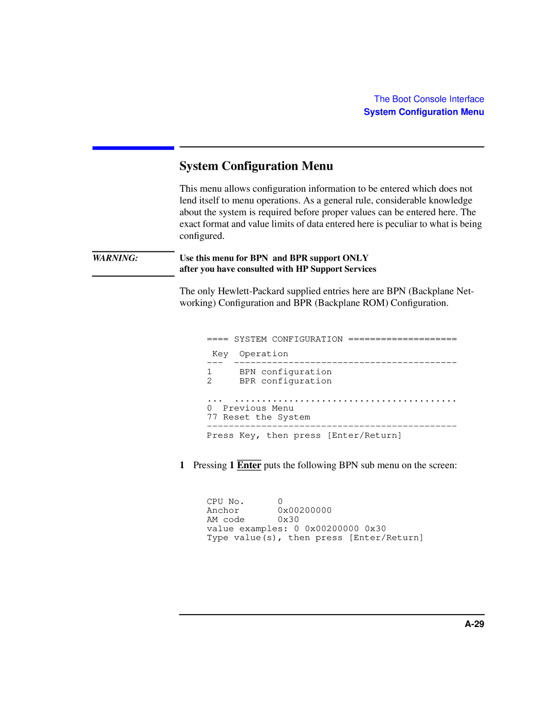 HP Model 743 manual System Configuration Menu 