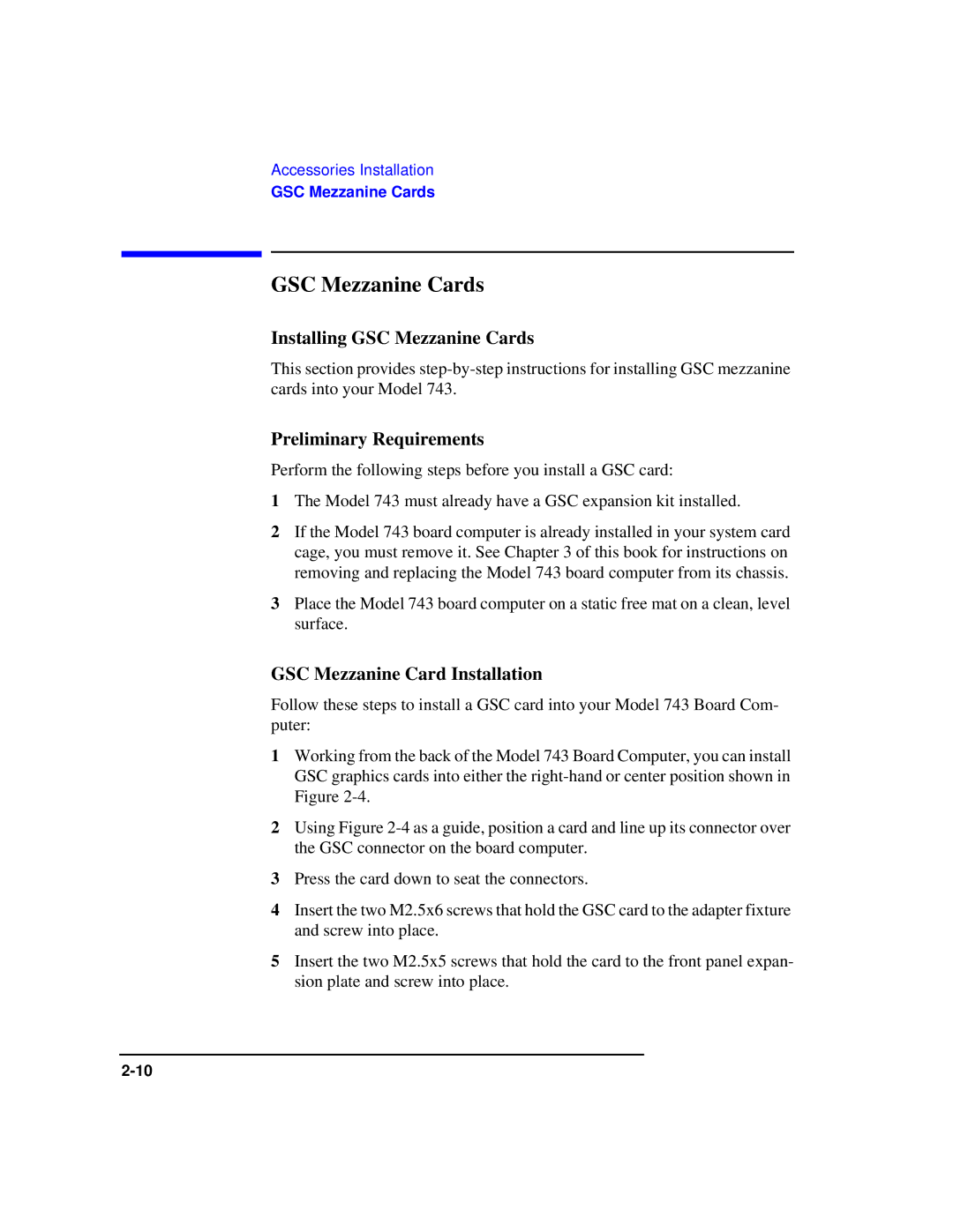 HP Model 743 manual Installing GSC Mezzanine Cards, GSC Mezzanine Card Installation 