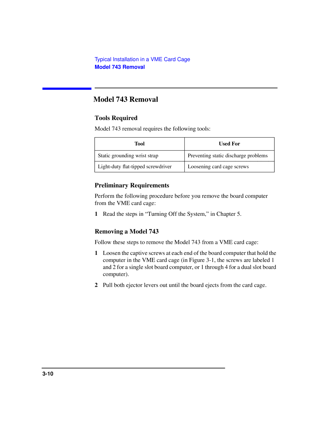 HP manual Model 743 Removal, Removing a Model, Model 743 removal requires the following tools 