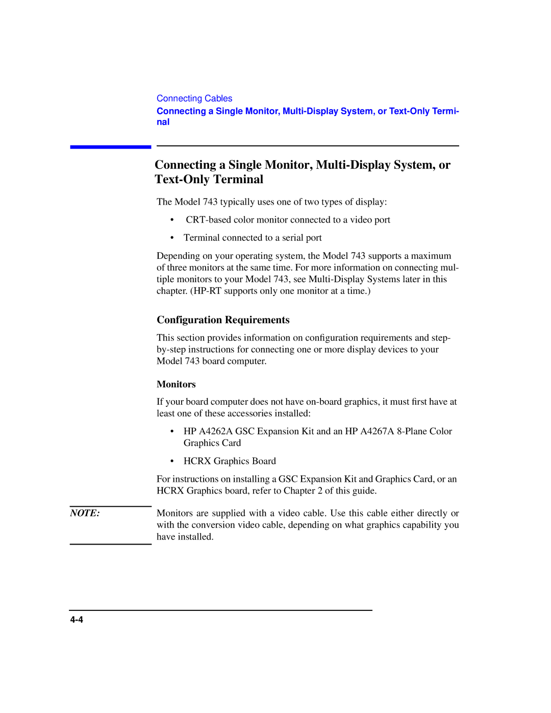 HP Model 743 manual Configuration Requirements, Monitors 