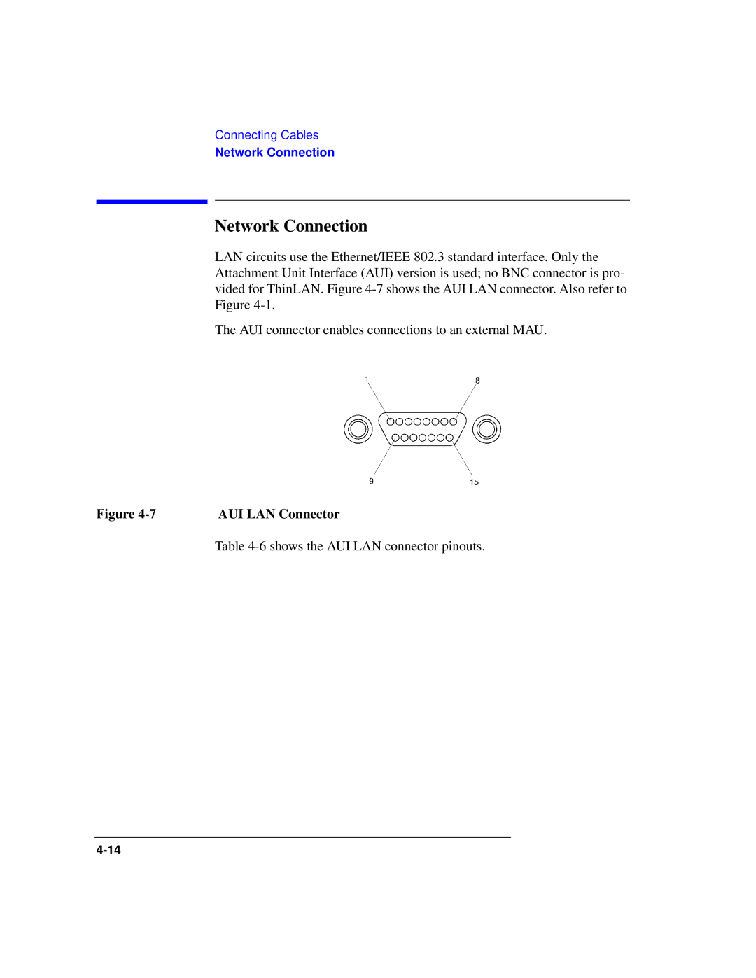 HP Model 743 manual Network Connection, Shows the AUI LAN connector pinouts 