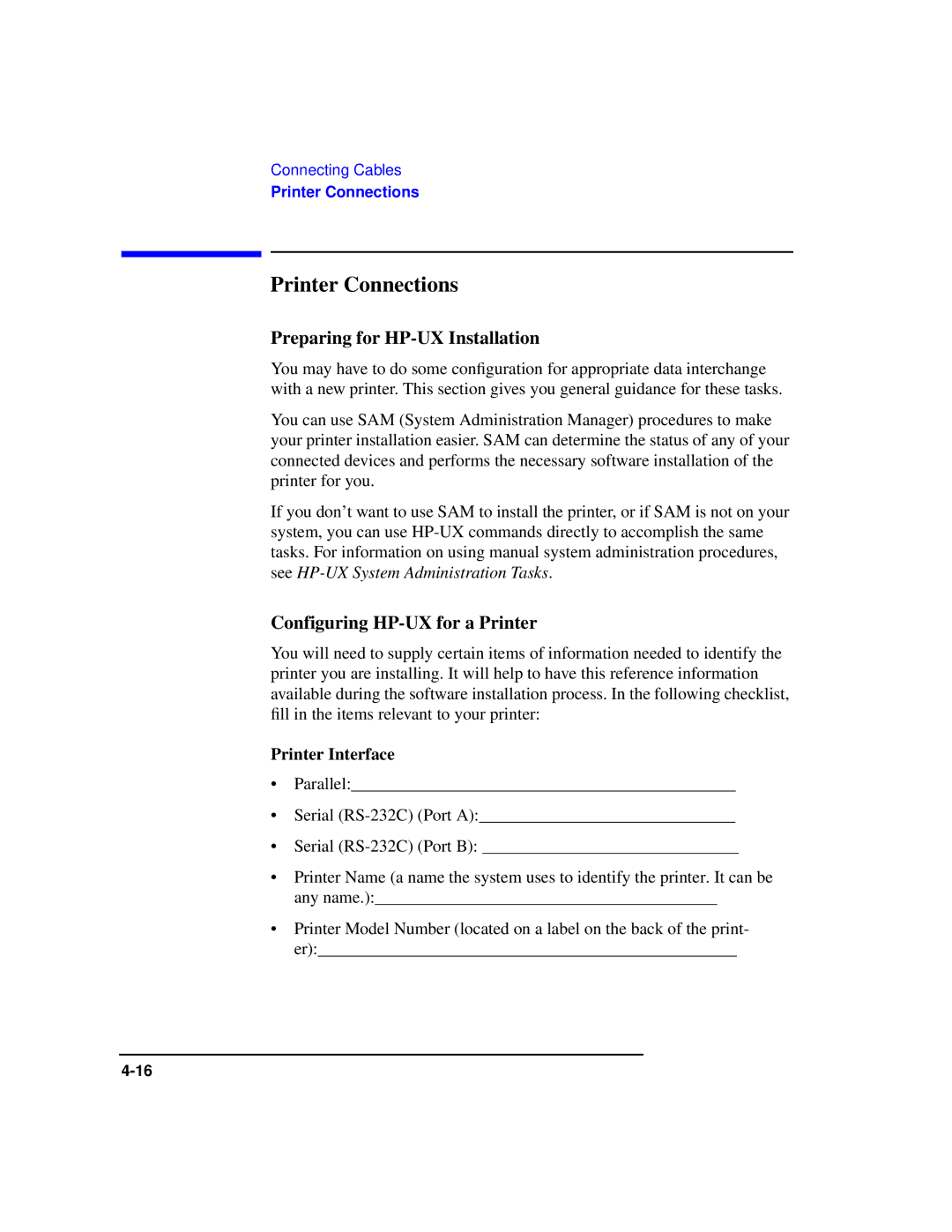 HP Model 743 Printer Connections, Preparing for HP-UX Installation, Configuring HP-UX for a Printer, Printer Interface 