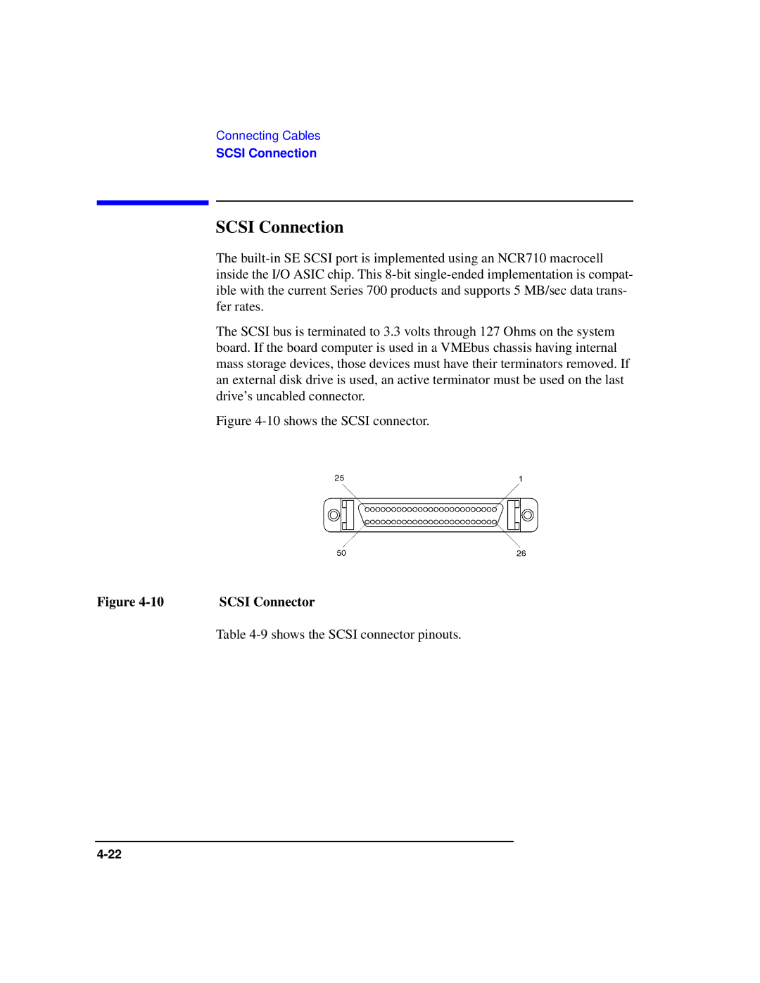 HP Model 743 manual Scsi Connection, Shows the Scsi connector pinouts 