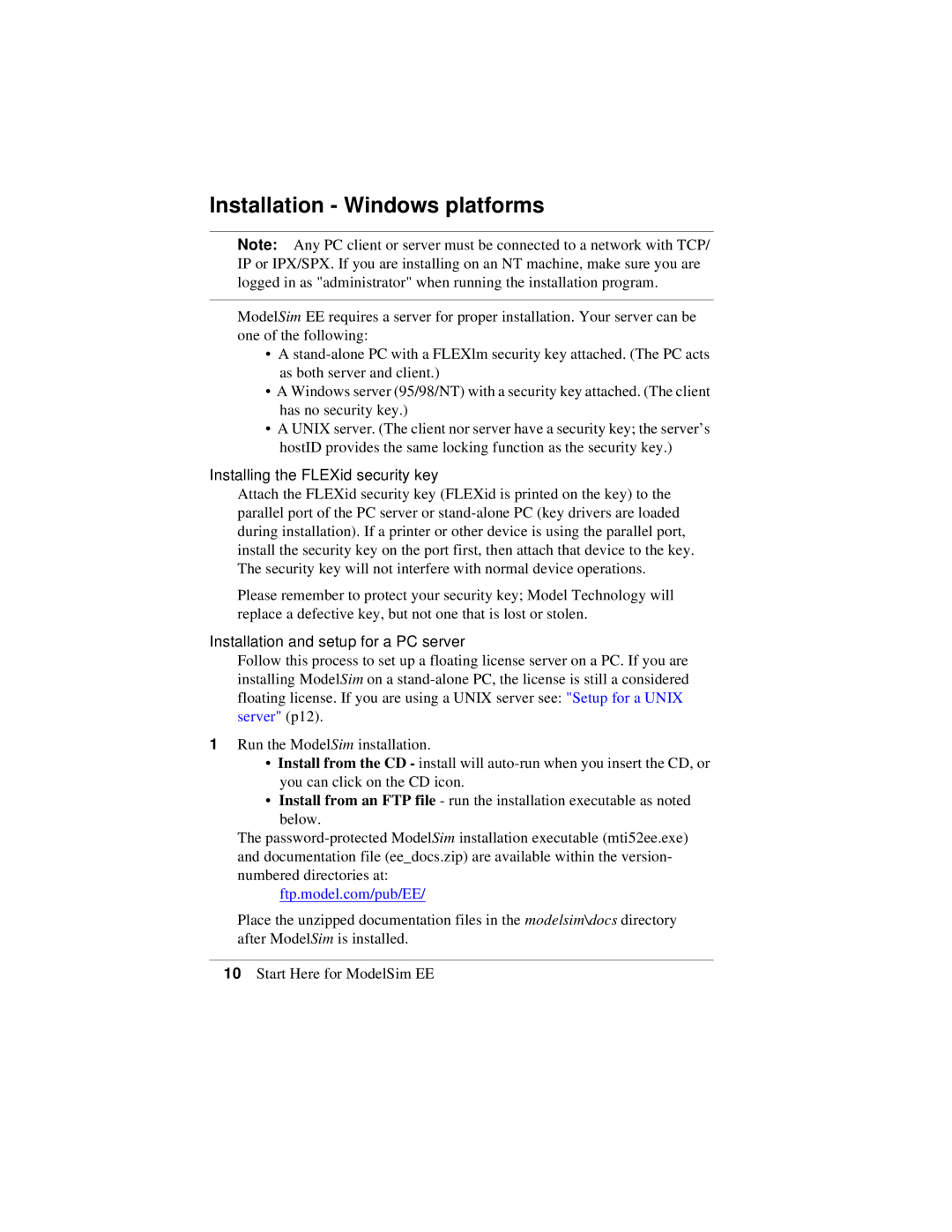 HP Model Sim EE Installation Windows platforms, Installing the FLEXid security key, Installation and setup for a PC server 