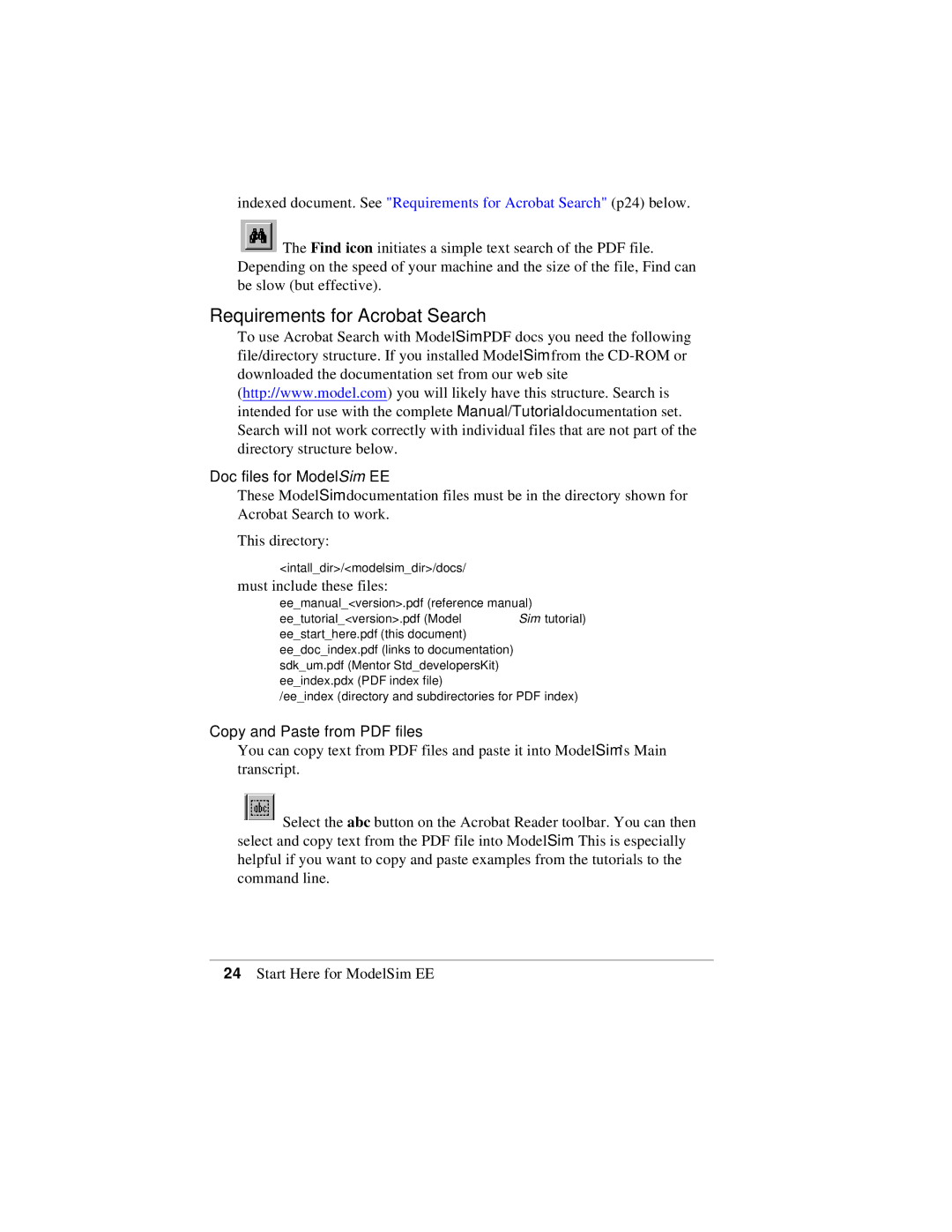 HP Model Sim EE manual Requirements for Acrobat Search, Doc files for ModelSim EE 