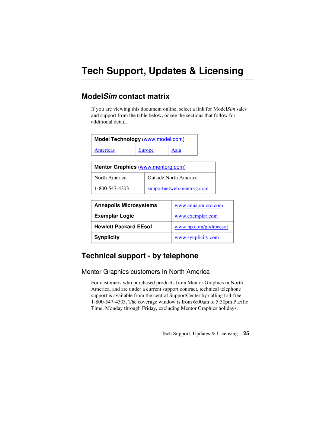 HP Model Sim EE manual ModelSim contact matrix, Technical support by telephone, Mentor Graphics customers In North America 