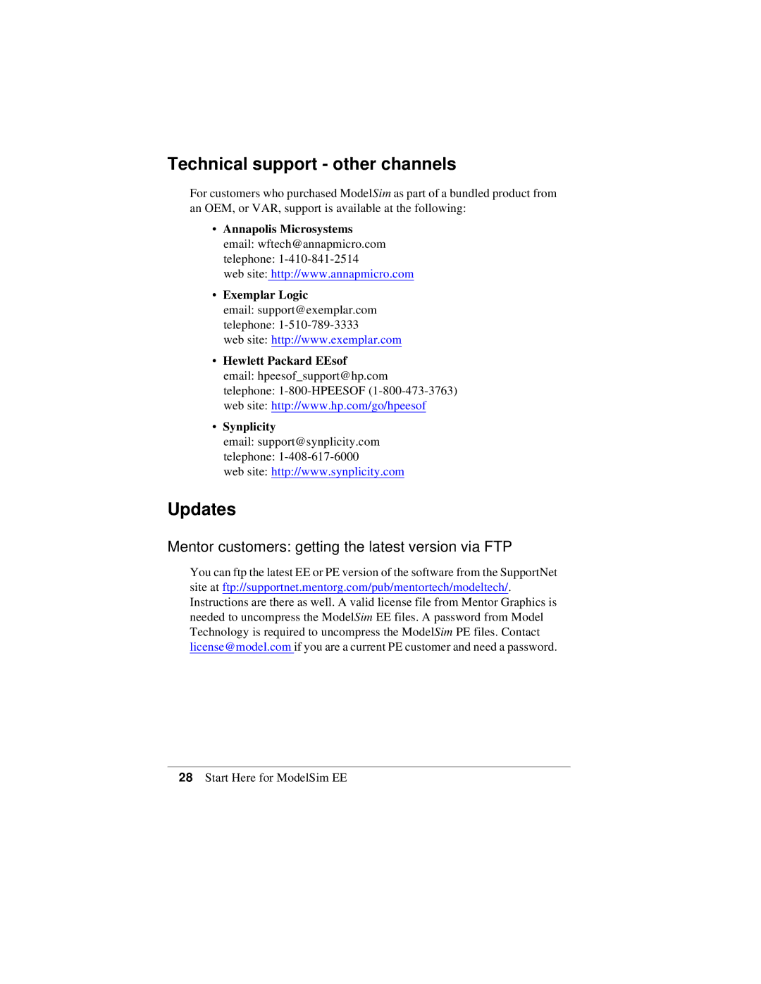 HP Model Sim EE manual Technical support other channels, Updates, Mentor customers getting the latest version via FTP 