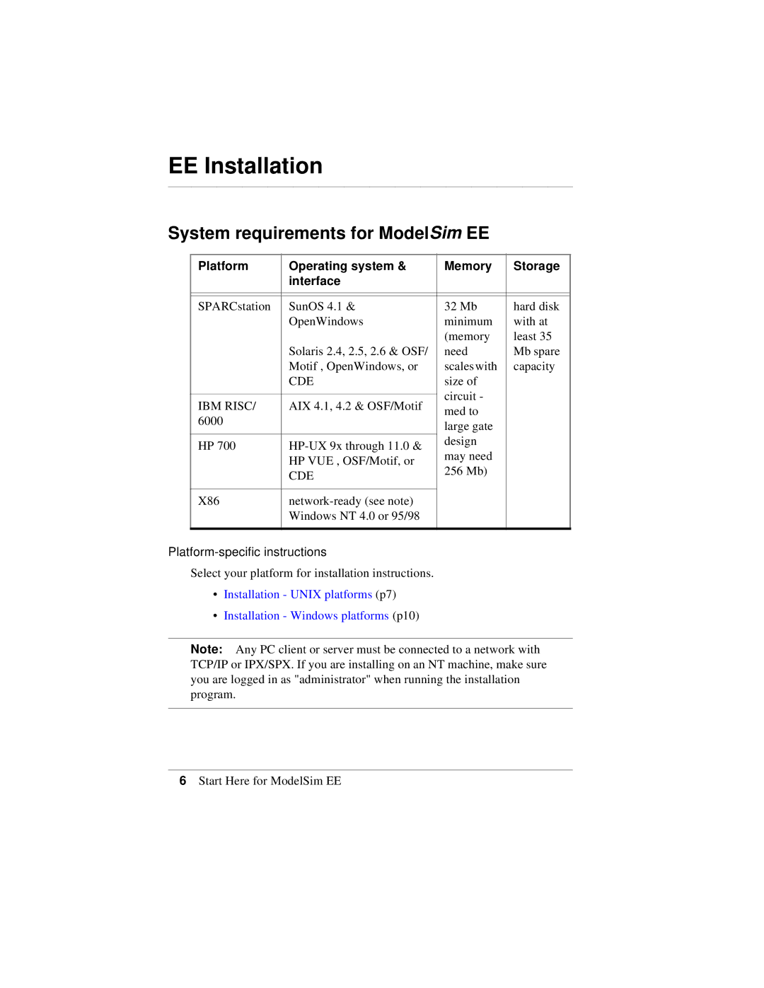 HP Model Sim EE System requirements for ModelSim EE, Platform Operating system Memory Storage Interface, Cde, IBM Risc 