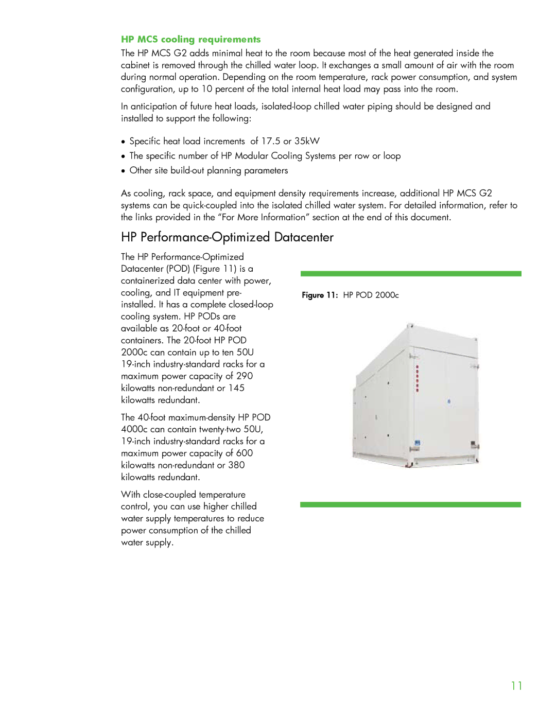 HP Modular Cooling System manual HP Performance-Optimized Datacenter, HP MCS cooling requirements 